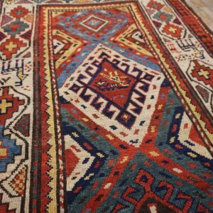 Antique Caucasian Moghan Rug 3'5"×9'5" Multi Geometric, Ivory Border, Circa 1890 - detail view 7