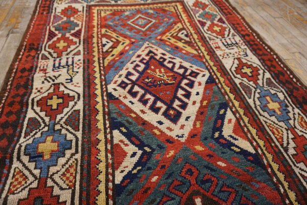 Antique caucasian moghan rug 3'5"×9'5" multi geometric, ivory border, circa 1890 8 Antique caucasian moghan rug 3'5"×9'5" multi geometric, ivory border, circa 1890 - detail view 7