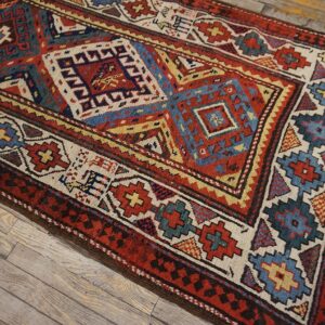 Antique Caucasian Moghan Rug 3'5"×9'5" Multi Geometric, Ivory Border, Circa 1890 - detail view 8