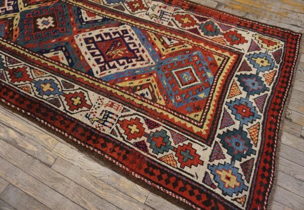 Antique caucasian moghan rug 3'5"×9'5" multi geometric, ivory border, circa 1890 9 Antique caucasian moghan rug 3'5"×9'5" multi geometric, ivory border, circa 1890 - detail view 8