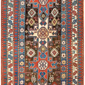 Antique Caucasian Rug 4'×8' Brown Tribal Geometric, 1890s