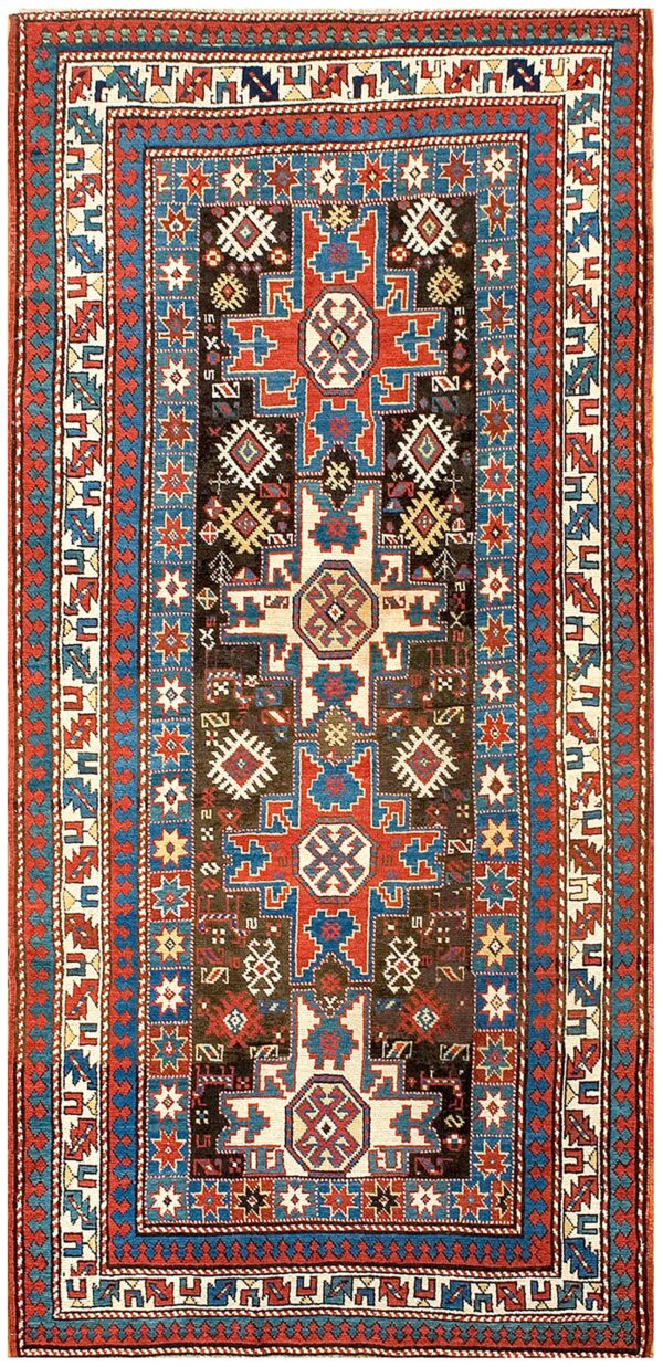 Antique caucasian rug 4'×8' brown tribal geometric, 1890s