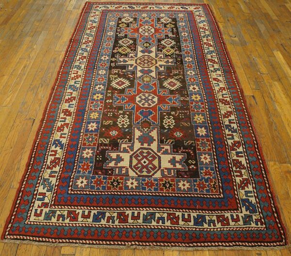 Antique caucasian rug 4'×8' brown tribal geometric, 1890s - detail view 1