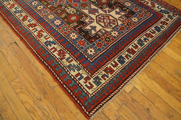 Antique caucasian rug 4'×8' brown tribal geometric, 1890s - detail view 2