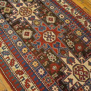 Antique Caucasian Rug 4'×8' Brown Tribal Geometric, 1890s - detail view 3