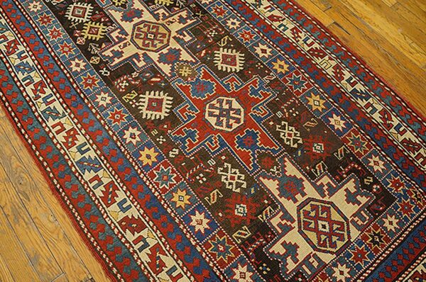 Antique caucasian rug 4'×8' brown tribal geometric, 1890s - detail view 3