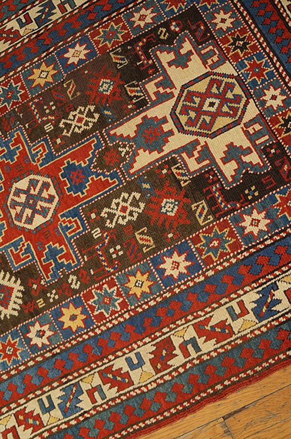 Antique caucasian rug 4'×8' brown tribal geometric, 1890s - detail view 4