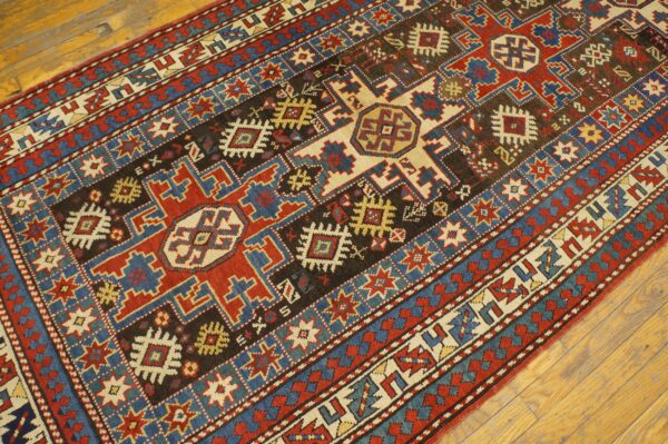Antique caucasian rug 4'×8' brown tribal geometric, 1890s - detail view 5
