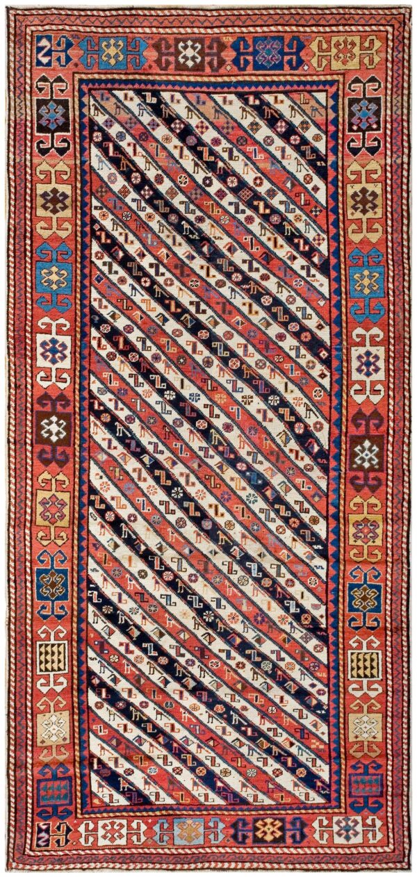 Antique caucasian rug 3'9"×8'3" ivory tribal geometric, 1880s