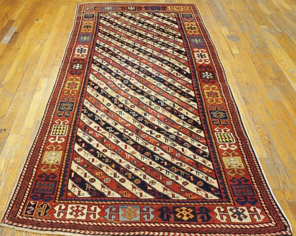Antique caucasian rug 3'9"×8'3" ivory tribal geometric, 1880s - detail view 1