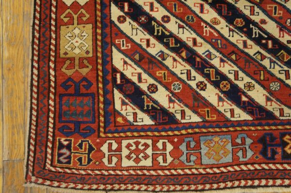 Antique caucasian rug 3'9"×8'3" ivory tribal geometric, 1880s - detail view 5