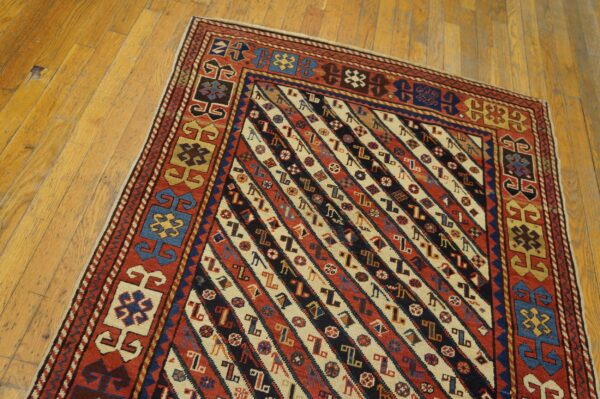 Antique caucasian rug 3'9"×8'3" ivory tribal geometric, 1880s - detail view 6