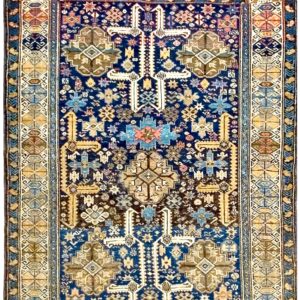 Antique Caucasian Shirvan Rug, Blue Perpedil Tribal Design, Square Format
