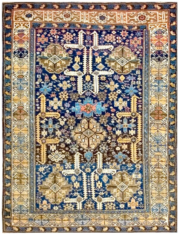 Antique caucasian shirvan rug, blue perpedil tribal design, square format 1 Antique caucasian shirvan rug, blue perpedil tribal design, square format