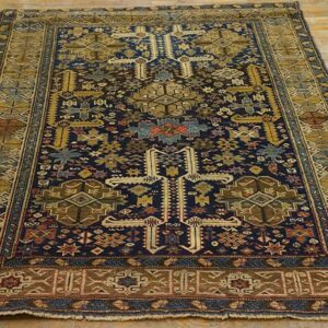 Antique Caucasian Shirvan Rug, Blue Perpedil Tribal Design, Square Format - detail view 1