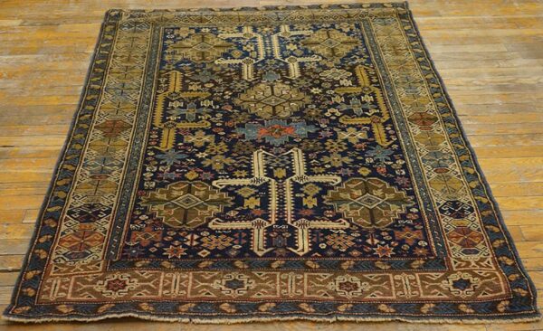 Antique caucasian shirvan rug, blue perpedil tribal design, square format 2 Antique caucasian shirvan rug, blue perpedil tribal design, square format - detail view 1
