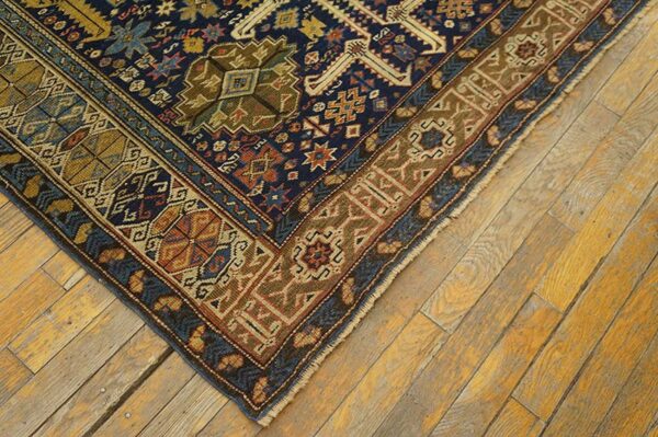 Antique caucasian shirvan rug, blue perpedil tribal design, square format 3 Antique caucasian shirvan rug, blue perpedil tribal design, square format - detail view 2