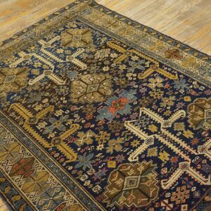 Antique Caucasian Shirvan Rug, Blue Perpedil Tribal Design, Square Format - detail view 3