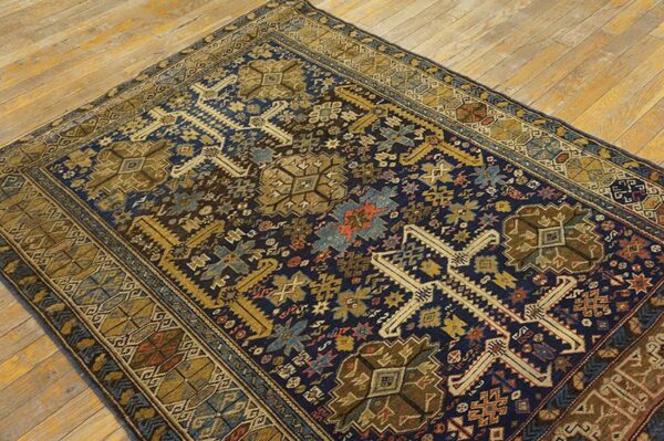 Antique caucasian shirvan rug, blue perpedil tribal design, square format 4 Antique caucasian shirvan rug, blue perpedil tribal design, square format - detail view 3