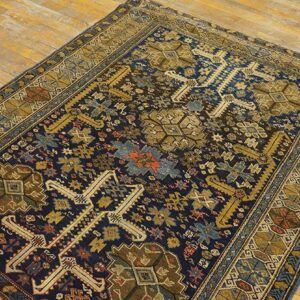 Antique Caucasian Shirvan Rug, Blue Perpedil Tribal Design, Square Format - detail view 4