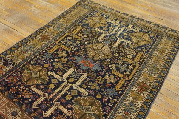 Antique caucasian shirvan rug, blue perpedil tribal design, square format 5 Antique caucasian shirvan rug, blue perpedil tribal design, square format - detail view 4