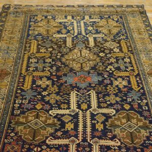 Antique Caucasian Shirvan Rug, Blue Perpedil Tribal Design, Square Format - detail view 5