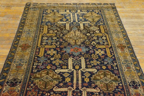Antique caucasian shirvan rug, blue perpedil tribal design, square format 6 Antique caucasian shirvan rug, blue perpedil tribal design, square format - detail view 5