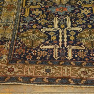Antique Caucasian Shirvan Rug, Blue Perpedil Tribal Design, Square Format - detail view 6