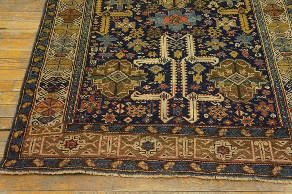 Antique caucasian shirvan rug, blue perpedil tribal design, square format 7 Antique caucasian shirvan rug, blue perpedil tribal design, square format - detail view 6