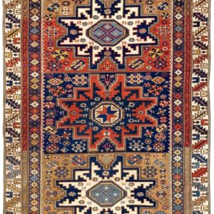Antique Caucasian Shirvan Rug 3'4"×5' Blue Symmetric Design, Ivory Border, Circa 1930