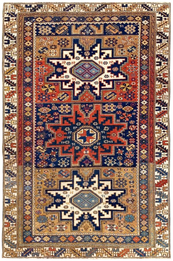 Antique caucasian shirvan rug 3'4"×5' blue symmetric design, ivory border, circa 1930