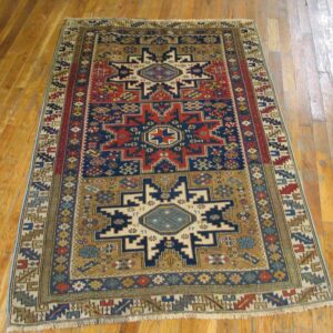 Antique Caucasian Shirvan Rug 3'4"×5' Blue Symmetric Design, Ivory Border, Circa 1930 - detail view 1