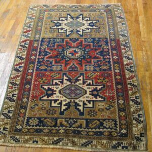 Antique Caucasian Shirvan Rug 3'4"×5' Blue Symmetric Design, Ivory Border, Circa 1930 - detail view 3