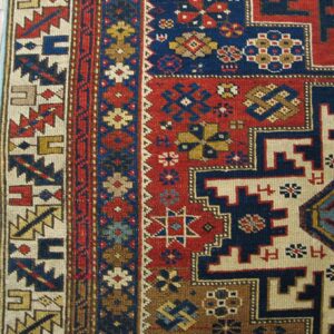 Antique Caucasian Shirvan Rug 3'4"×5' Blue Symmetric Design, Ivory Border, Circa 1930 - detail view 4