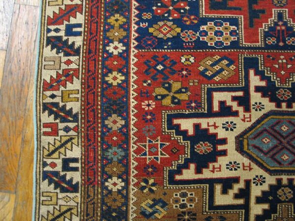 Antique caucasian shirvan rug 3'4"×5' blue symmetric design, ivory border, circa 1930 - detail view 4