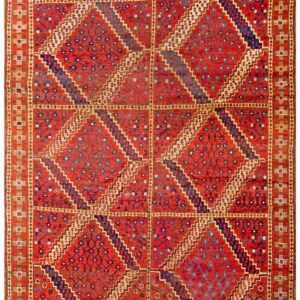 Antique Central Asian Ersari Carpet 5'10"×11'10" Red Diamond, Rust Border, Circa 1890