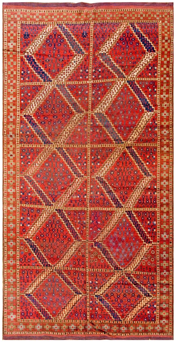Antique central asian ersari carpet 5'10"×11'10" red diamond, rust border, circa 1890