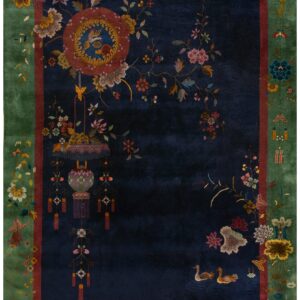 Antique Chinese Art Deco Carpet 8'10"×11'6" Blue, Green, Red, 1920s Hand-Knotted Wool