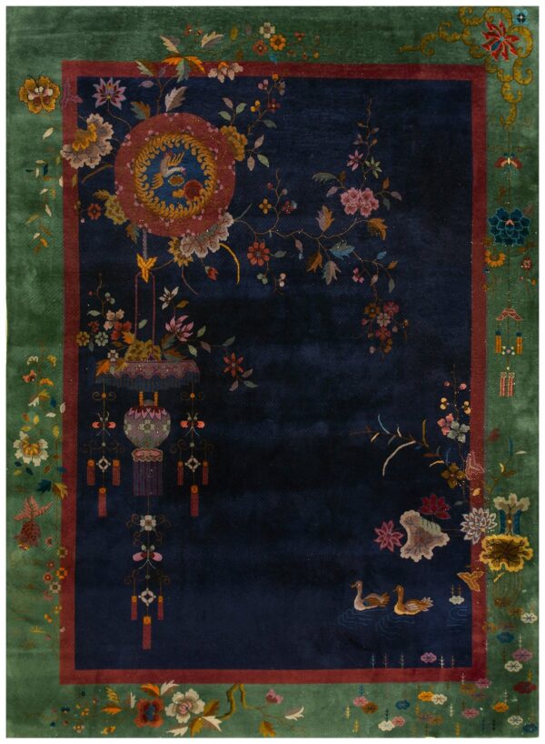 Blue , green , red knotted blue antique wool chinese - art deco 1920s room size rectangle rug 1 Antique chinese art deco carpet 8'10"×11'6" blue, green, red, 1920s hand-knotted wool