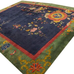 Antique Chinese Art Deco Carpet 8'10"×11'6" Blue, Green, Red, 1920s Hand-Knotted Wool - detail view 1