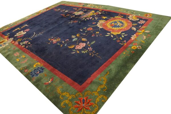 Blue , green , red knotted blue antique wool chinese - art deco 1920s room size rectangle rug 2 Antique chinese art deco carpet 8'10"×11'6" blue, green, red, 1920s hand-knotted wool - detail view 1