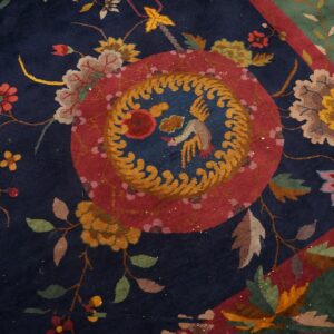 Antique Chinese Art Deco Carpet 8'10"×11'6" Blue, Green, Red, 1920s Hand-Knotted Wool - detail view 2