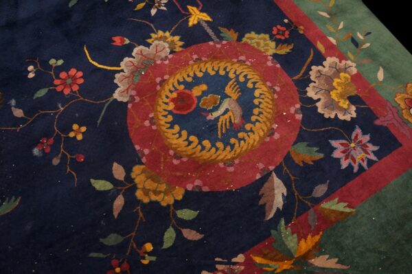 Blue , green , red knotted blue antique wool chinese - art deco 1920s room size rectangle rug 3 Antique chinese art deco carpet 8'10"×11'6" blue, green, red, 1920s hand-knotted wool - detail view 2