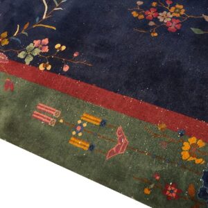 Antique Chinese Art Deco Carpet 8'10"×11'6" Blue, Green, Red, 1920s Hand-Knotted Wool - detail view 4