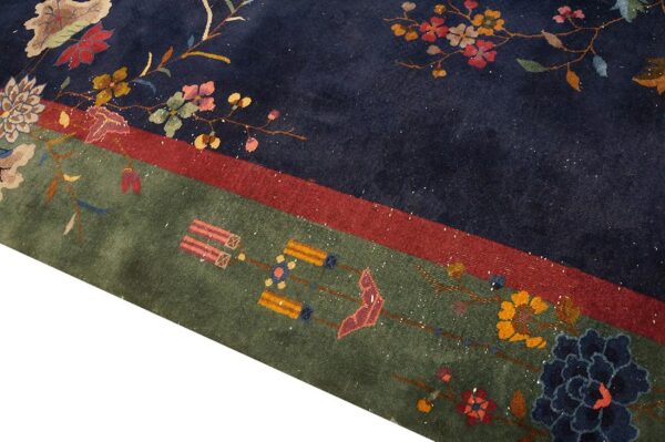 Blue , green , red knotted blue antique wool chinese - art deco 1920s room size rectangle rug 5 Antique chinese art deco carpet 8'10"×11'6" blue, green, red, 1920s hand-knotted wool - detail view 4