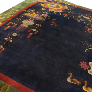 Antique Chinese Art Deco Carpet 8'10"×11'6" Blue, Green, Red, 1920s Hand-Knotted Wool - detail view 6