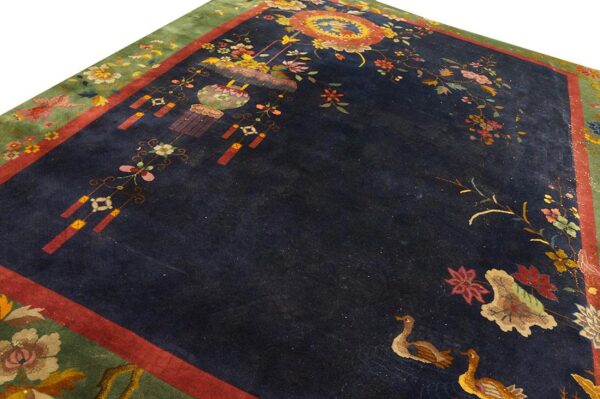 Blue , green , red knotted blue antique wool chinese - art deco 1920s room size rectangle rug 7 Antique chinese art deco carpet 8'10"×11'6" blue, green, red, 1920s hand-knotted wool - detail view 6