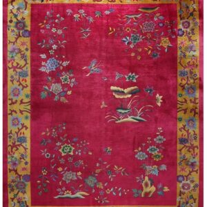 Antique Chinese Art Deco Carpet 8'10"×11'4" Fuchsia Field, Gold Border, Floral Design, 1920s