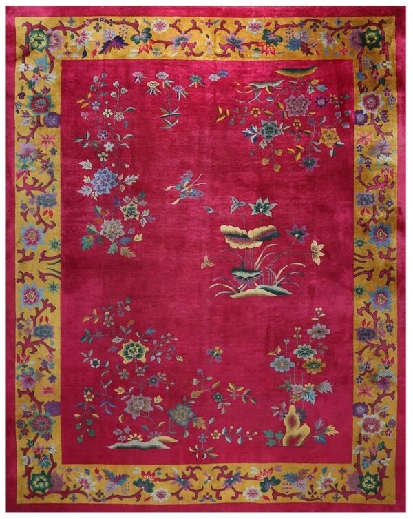 Antique chinese art deco carpet 8'10"×11'4" fuchsia field, gold border, floral design, 1920s