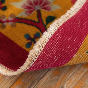 Antique Chinese Art Deco Carpet 8'10"×11'4" Fuchsia Field, Gold Border, Floral Design, 1920s - detail view 9